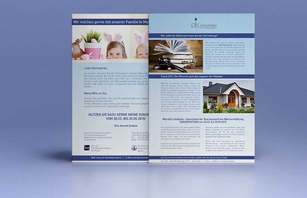 Zweiseitiger Flyer von AK Immobilien mit Anschreiben und Immobilienmotiven