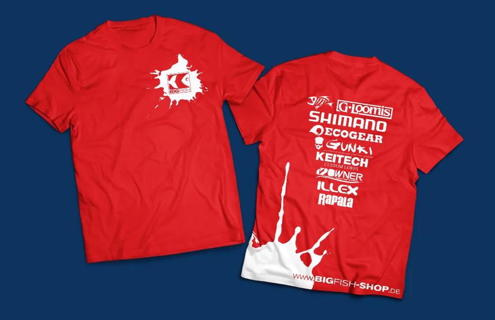 Team-Shirts für BIGFISH mit Markenliste auf dem Rücken