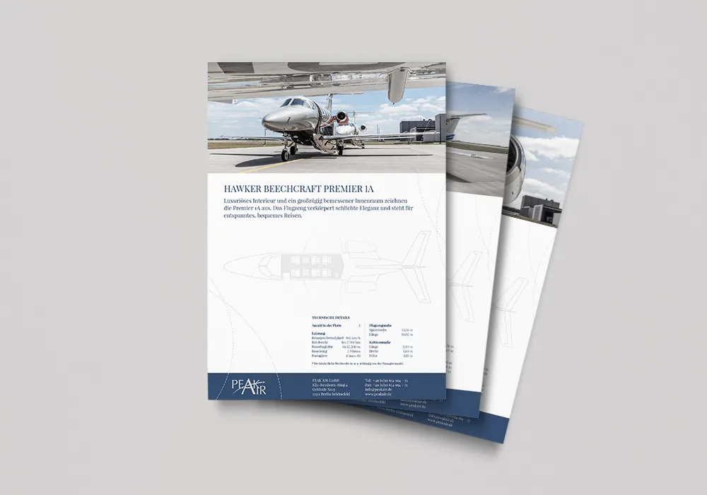 Datenblatt für PEAK AIR mit Flugzeugriss – Printdesign aus Schönefeld