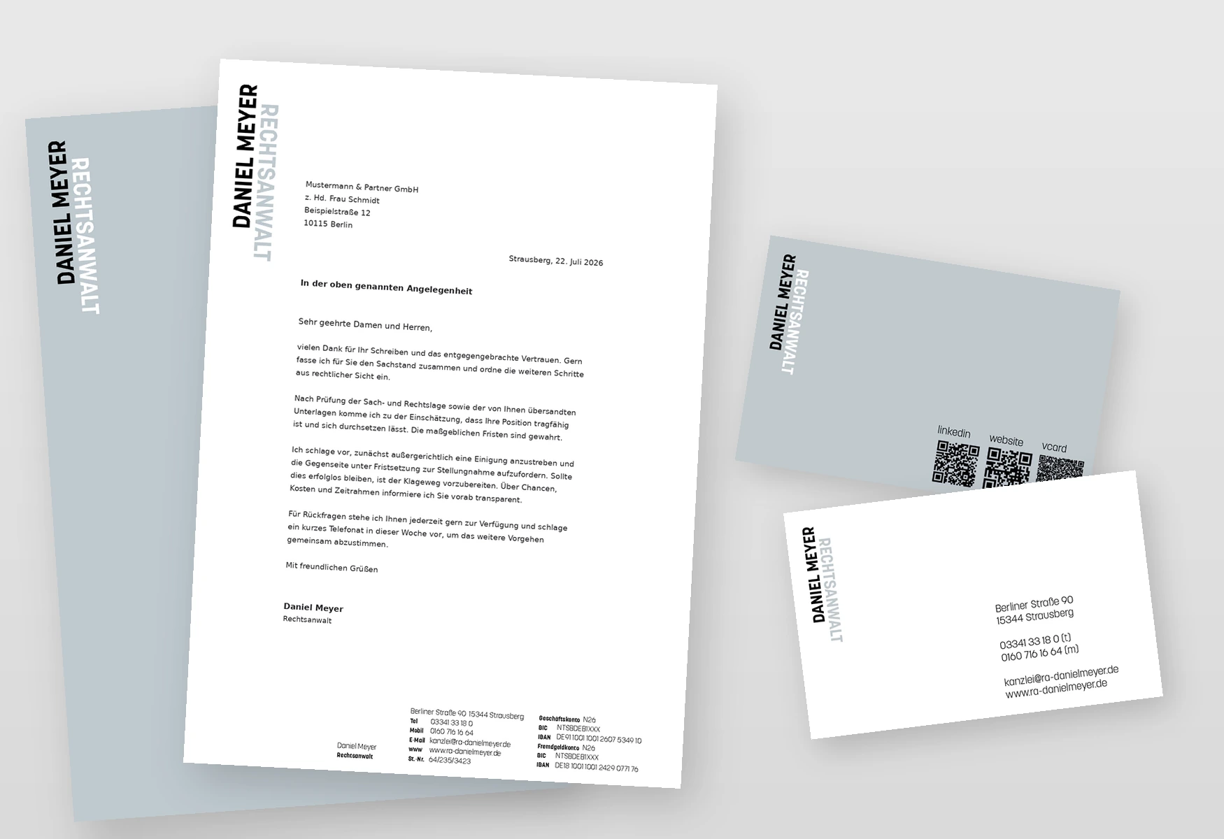 Geschäftsausstattung der Kanzlei Daniel Meyer – Briefbogen, Folgeblatt und Visitenkarten