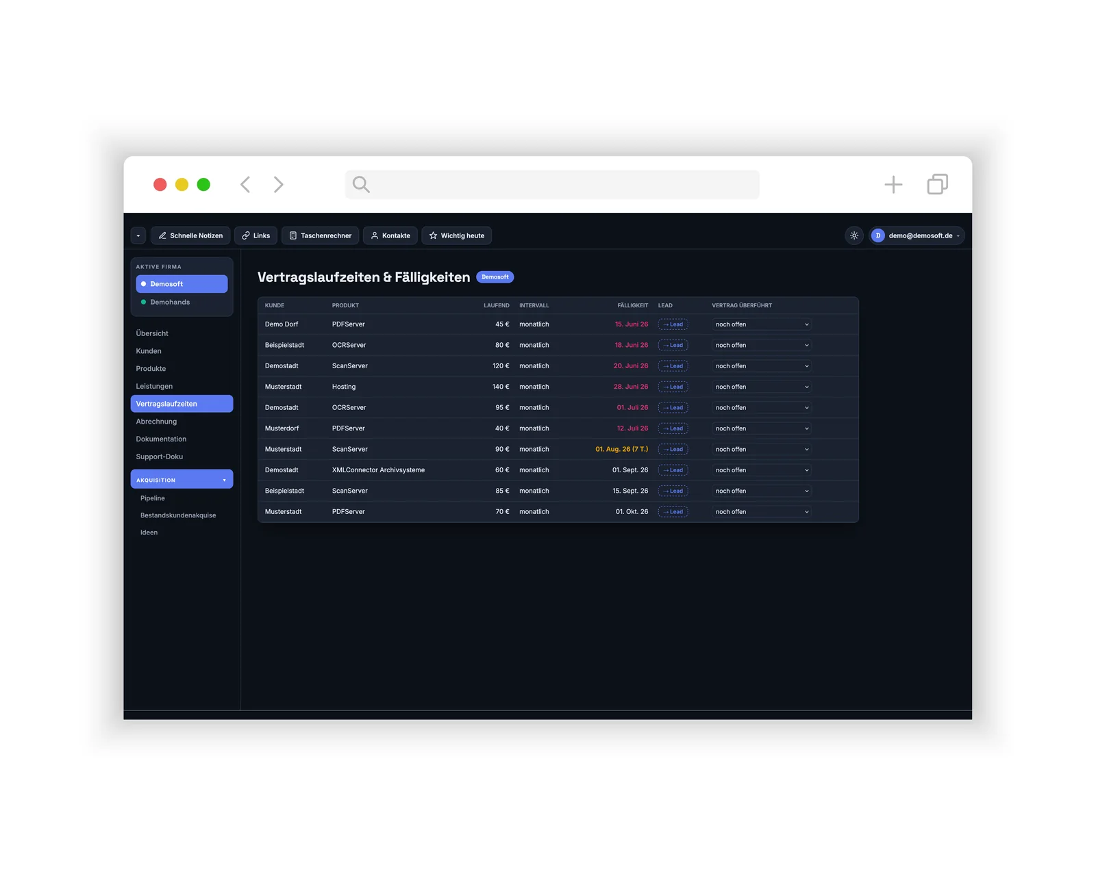 Verträge & Fälligkeiten im CRM-Dashboard für NexaSoft