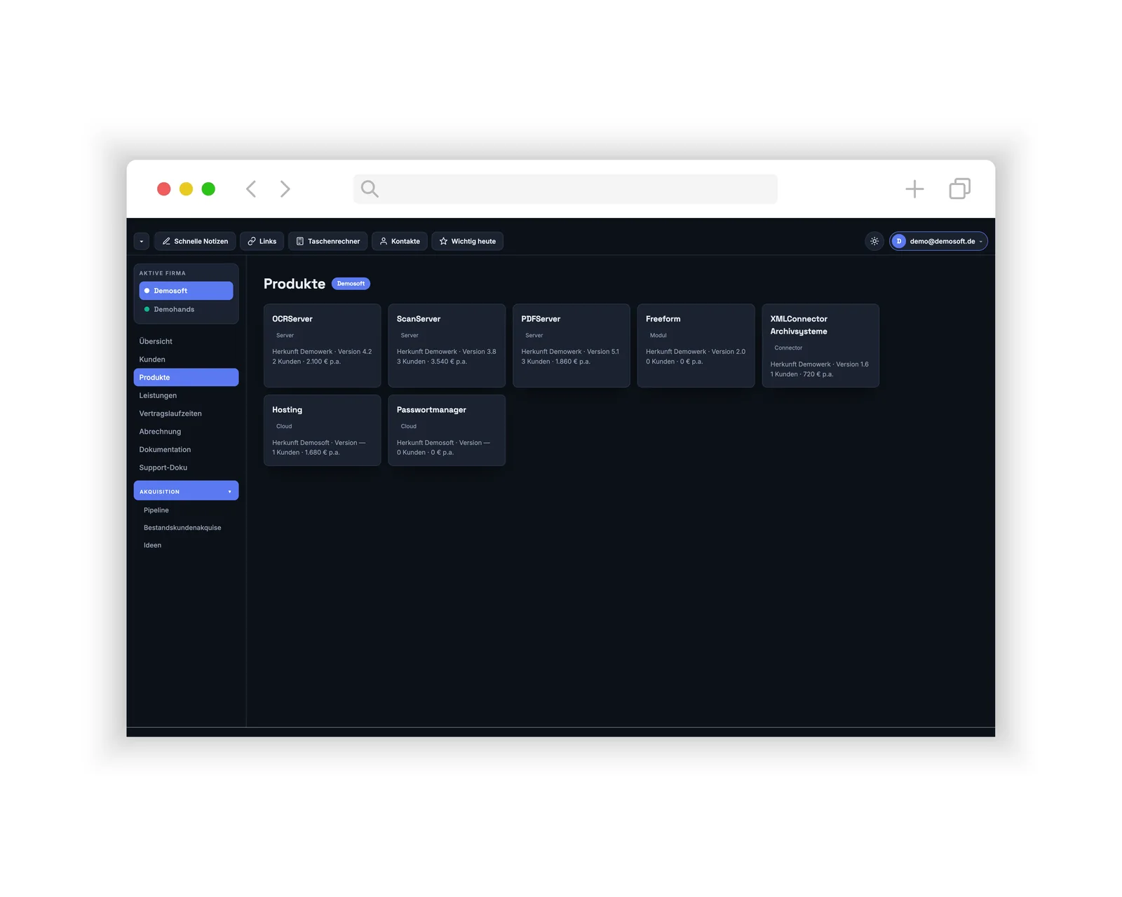 Produkte & Leistungen im CRM-Dashboard für NexaSoft