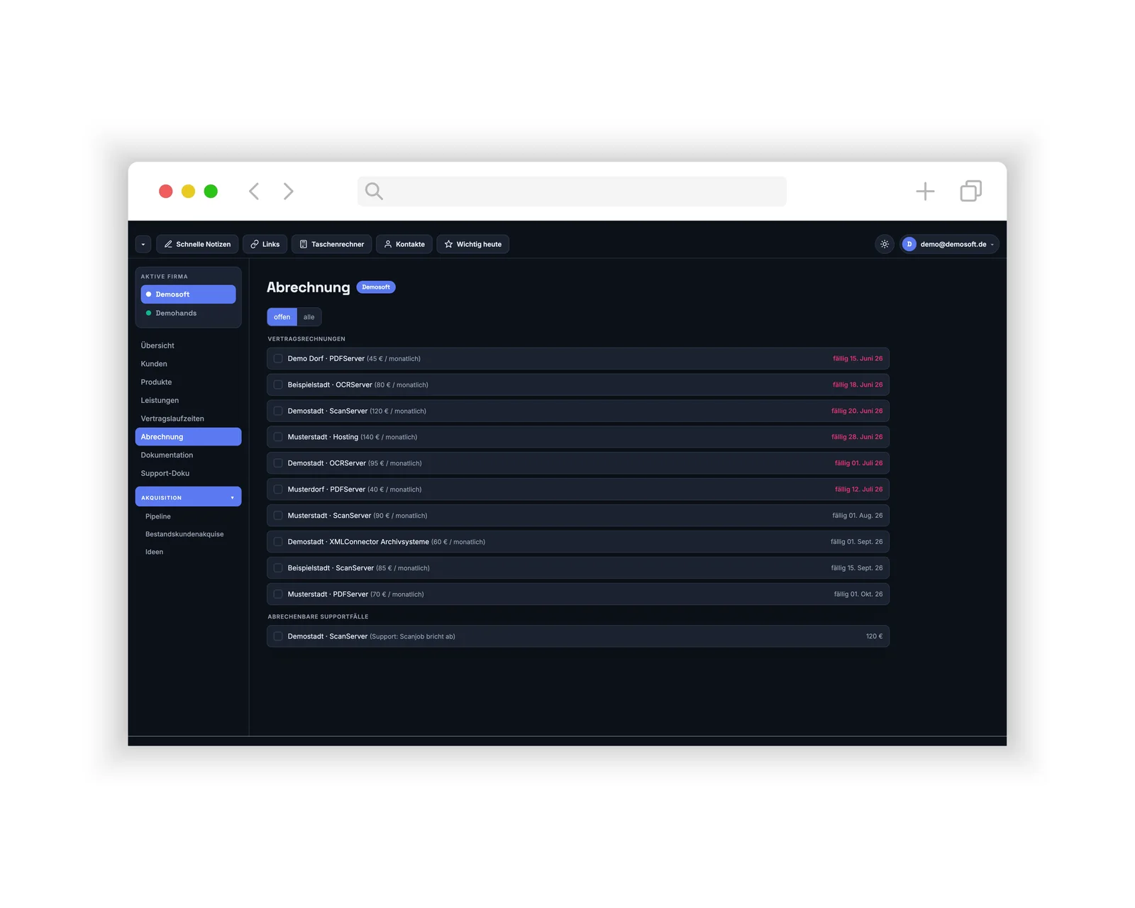 Abrechnung im CRM-Dashboard für NexaSoft