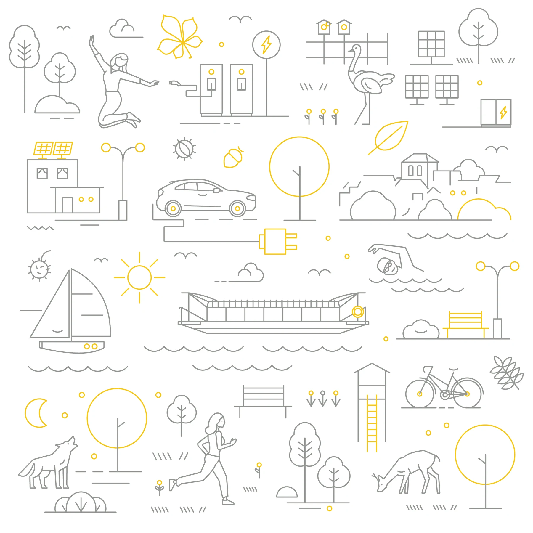 Illustriertes Icon-Set für die Stadtwerke Strausberg – Linien-Illustrationen in Grau und Gelb