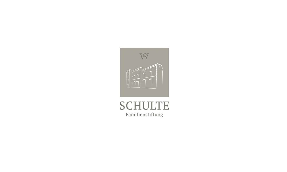 Logo der Schulte Familienstiftung – gezeichnetes Stiftungsgebäude über dem Schriftzug