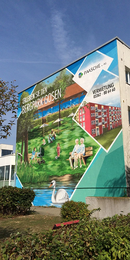 Bemalter Hausgiebel der PAASCHE AG mit Uferszene, Schwan und Werbung für den Bürgerpark Gosen