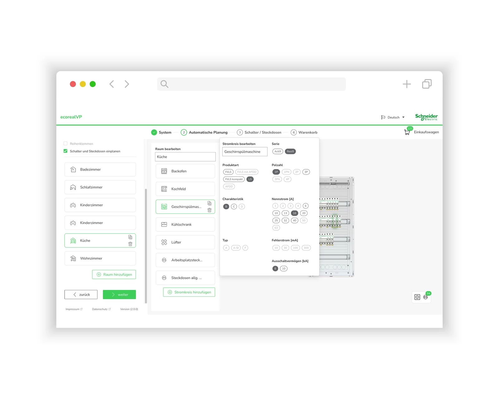 Stromkreis konfigurieren – ecorealVP Verteilerplatz-Konfigurator für Schneider Electric