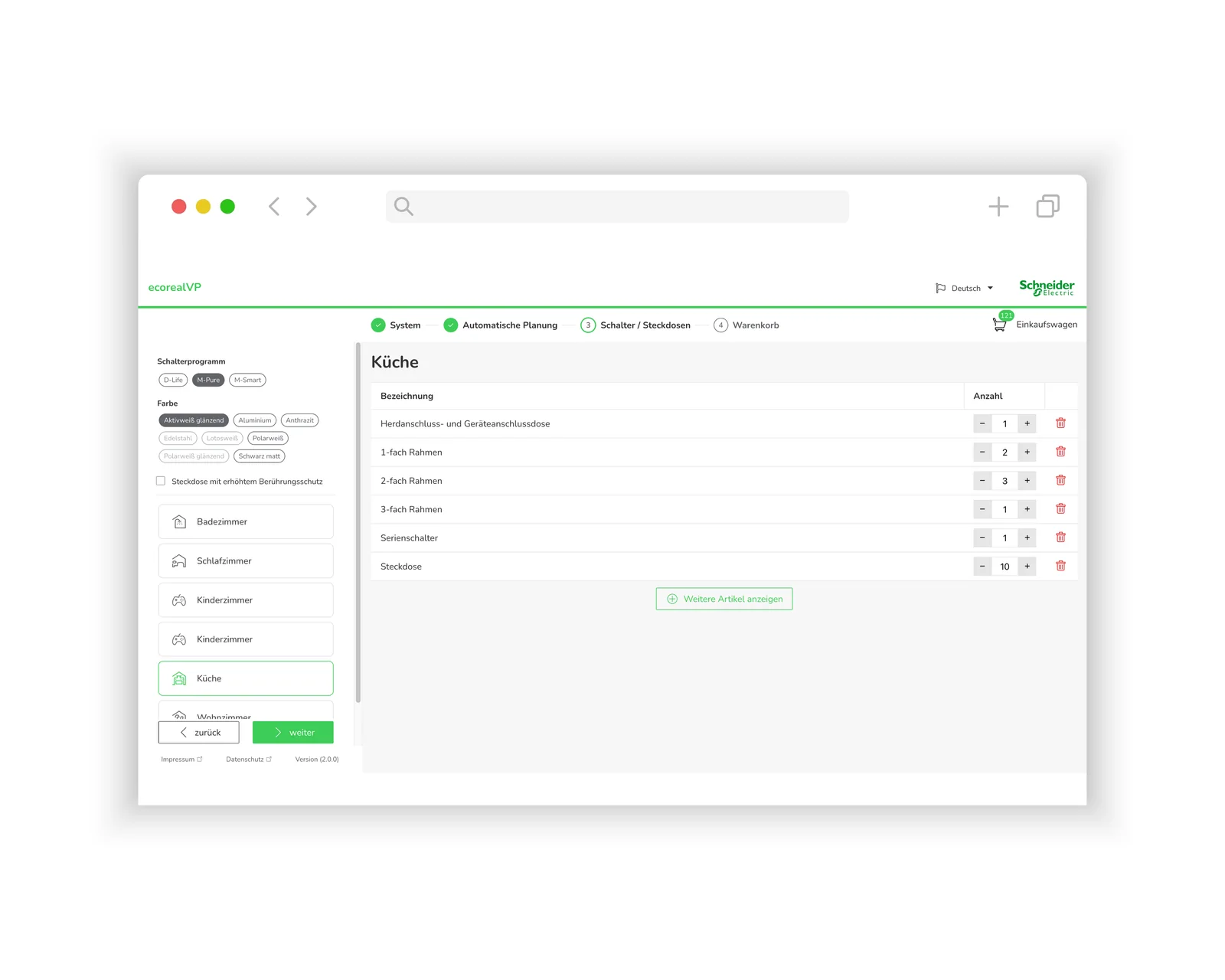 Schalter & Steckdosen – ecorealVP Verteilerplatz-Konfigurator für Schneider Electric
