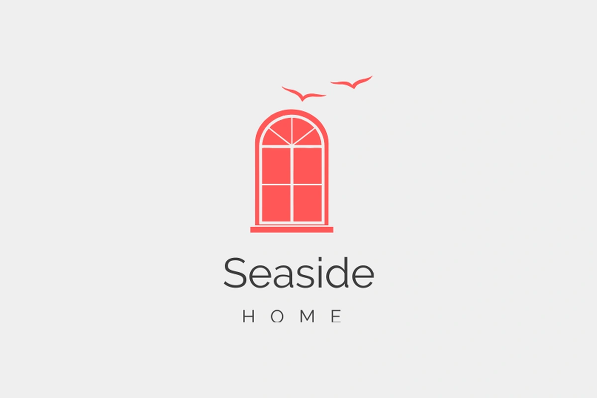 Logo Seaside Home Ahrenshoop – Korallenfenster mit Möwen und Schriftzug
