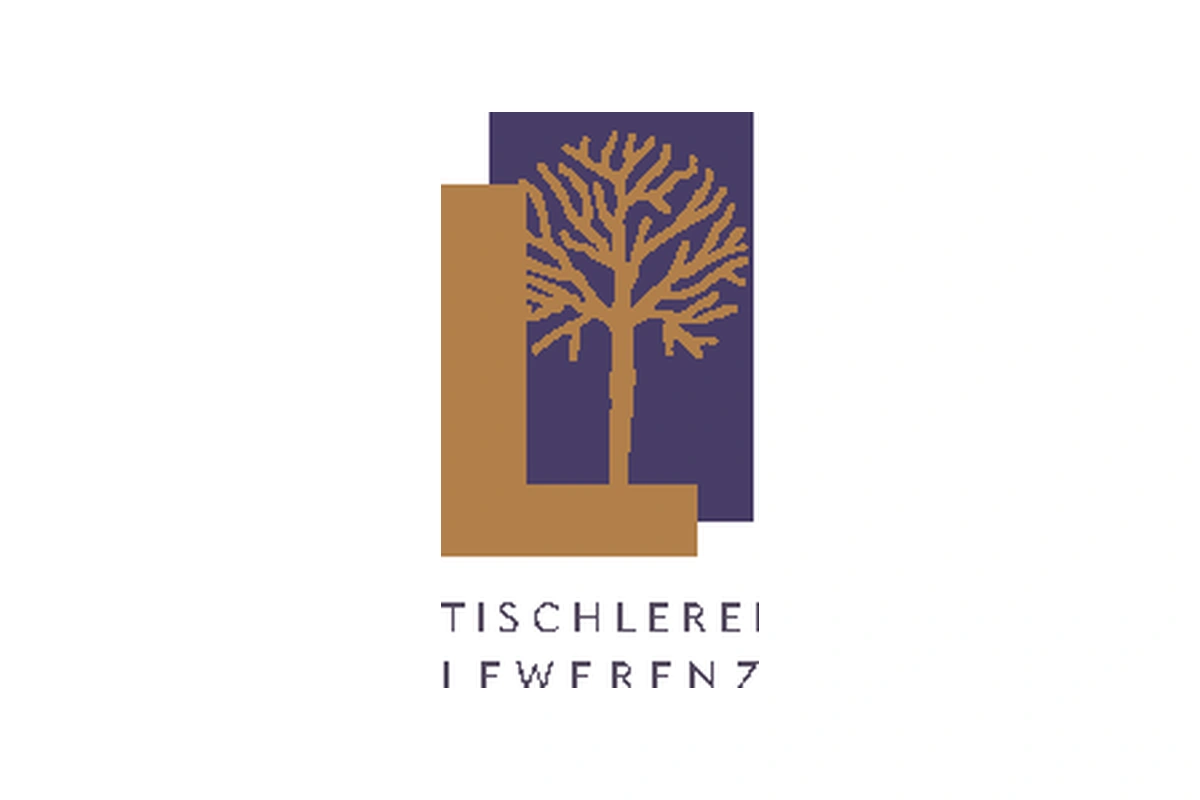 Logo der Tischlerei Lewerenz – Signet aus L und Baum in Aubergine und Gold