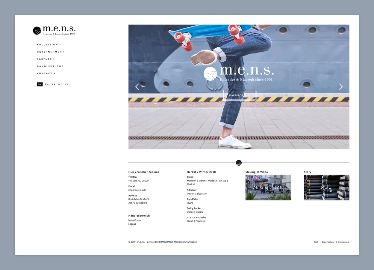 Website des Hosenherstellers m.e.n.s. aus Bückeburg – Webdesign von brandhands