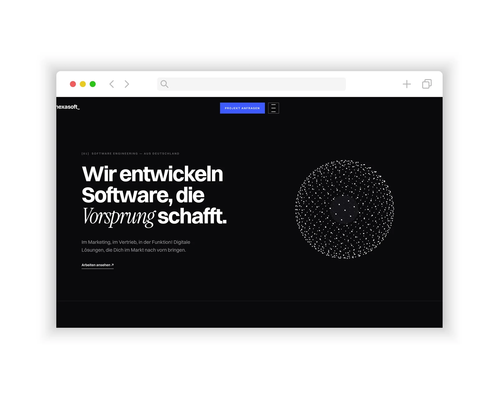 Startseite mit interaktivem Partikel-Hero – Website nexasoft, Webdesign Rostock