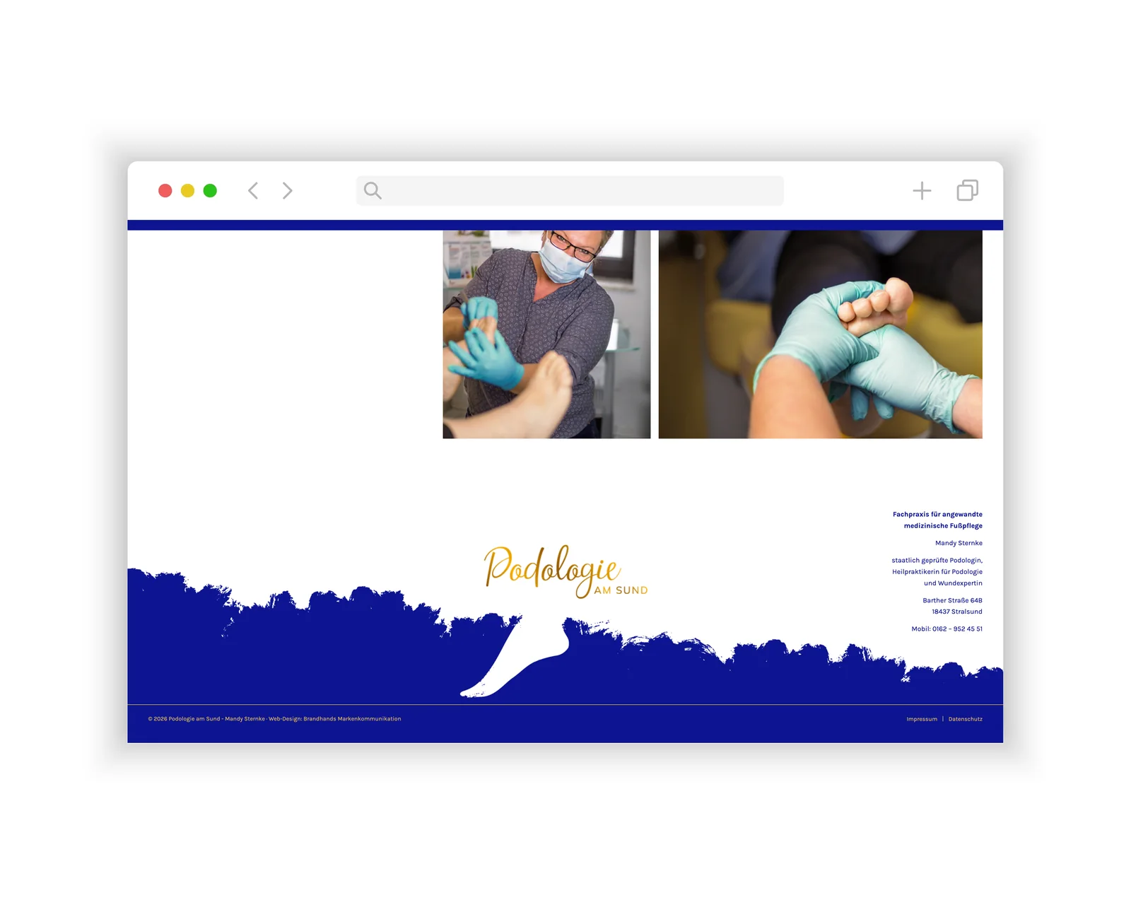 Markenwelt mit Fußsilhouette und Kontaktdaten – Website Podologie am Sund Stralsund